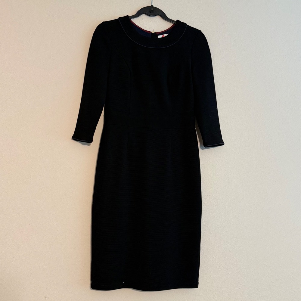 Boden Black Ottoman Sheath Dress Textured Rib Knit 3/4 Sleeve Size US 4R UK 8R